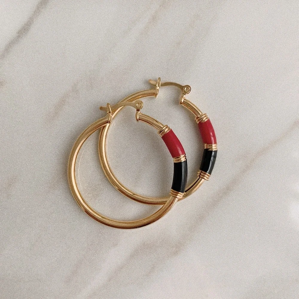 Red Black Enamel Tube Hoops | 18k Gold Filled - Picture 2 of 6